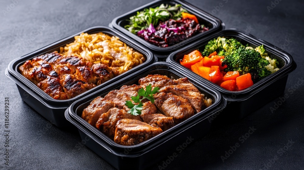 Delicious meal prep containers with a variety of healthy dishes Delicious meal prep containers with a variety of healthy dishes