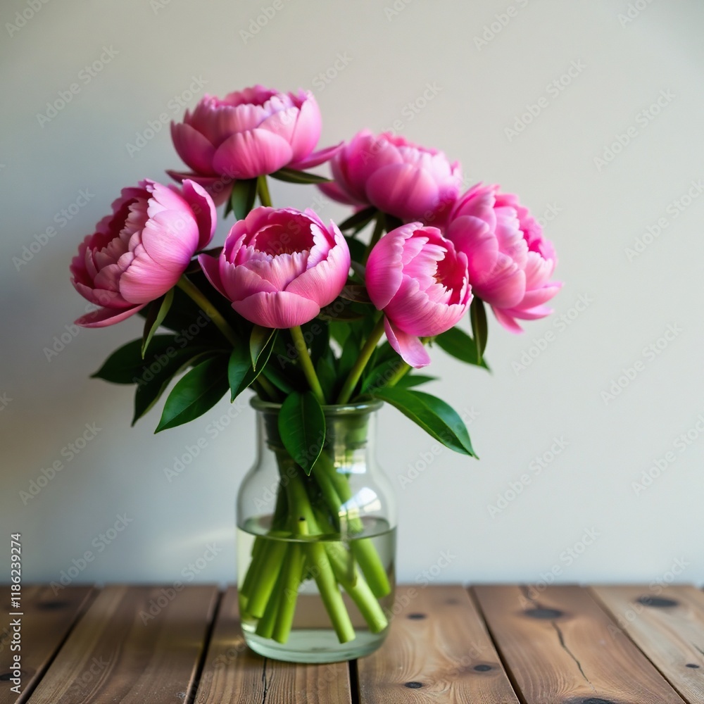 Pink peonies in a vase on a rustic wooden table, wood, rustic, table Pink peonies in a vase on a rustic wooden table, wood, rustic, table
