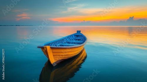Misty lake with a solitary orange boat surrounded by calm water and fog