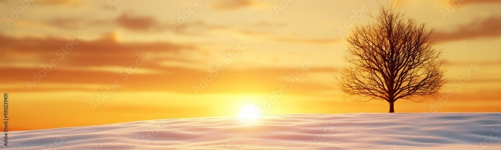 A serene winter sunset with a lone tree silhouetted against a vibrant sky, casting warm hues over a snowy landscape. A serene winter sunset with a lone tree silhouetted against a vibrant sky, casting warm hues over a snowy landscape.