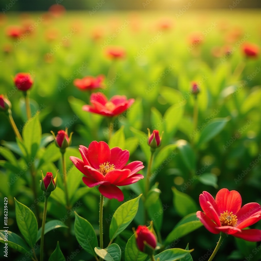 Delicate petals of small red roses on lush green grass in a warm summer landscape, fields, nature Delicate petals of small red roses on lush green grass in a warm summer landscape, fields, nature
