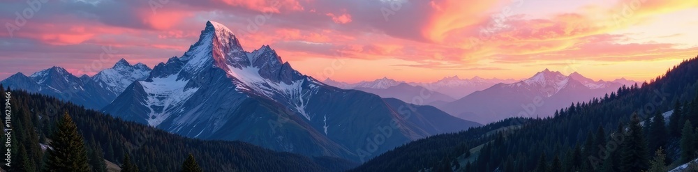 Majestic granite peaks dominate the sky at dawn, landscape, panoramic shot Majestic granite peaks dominate the sky at dawn, landscape, panoramic shot