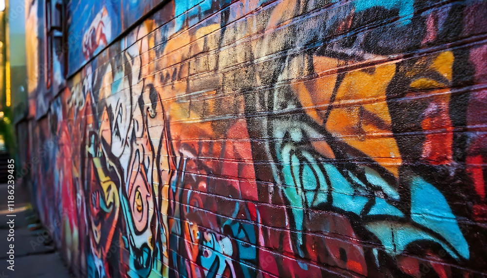 Vibrant urban street art explodes across a brick wall. Bold colors and dynamic brushstrokes create a captivating texture, perfect for design projects needing an edgy, creative feel. Vibrant urban street art explodes across a brick wall. Bold colors and dynamic brushstrokes create a captivating texture, perfect for design projects needing an edgy, creative feel.