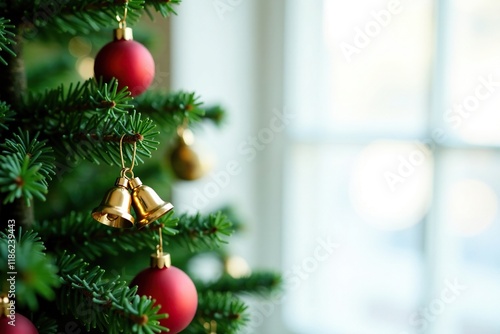 Fir tree with golden jingle bells and red ball, fir tree, christmas tree, ornaments photo