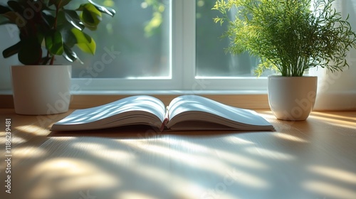 Quiet morning with open book and houseplants by the window in soft light