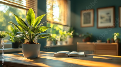 Bright indoor space with plants and an open book on a warm wooden table in th...