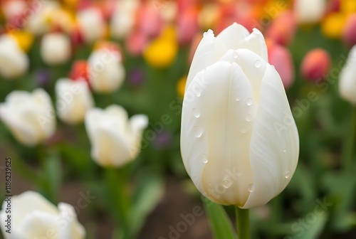 Beautiful Tulip Flower in spring tulips garden. landscape at the middle of summer . Nature background