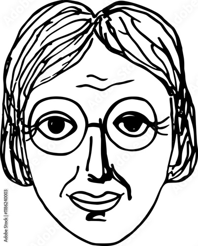 Hand drawn sketch of an adult woman with wrinkles on an isolated background. Vector illustration portrait of abstract pensioner person with glasses. Emotions and Lifestyle, calm face, character