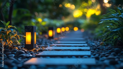 Garden pathway illuminated by lanterns with smooth stones and lush greenery d...
