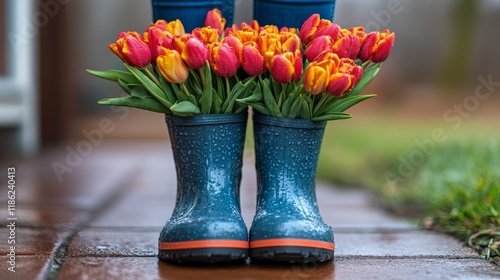 Bright tulips in black rubber boots at a charming front door during autumn