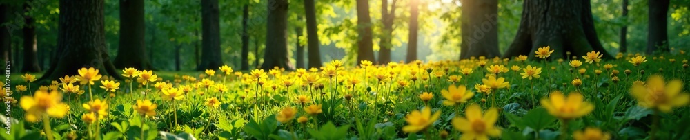 Yellow flowers forming a carpet in a shaded forest glade, forest glade, trees, sunlight Yellow flowers forming a carpet in a shaded forest glade, forest glade, trees, sunlight