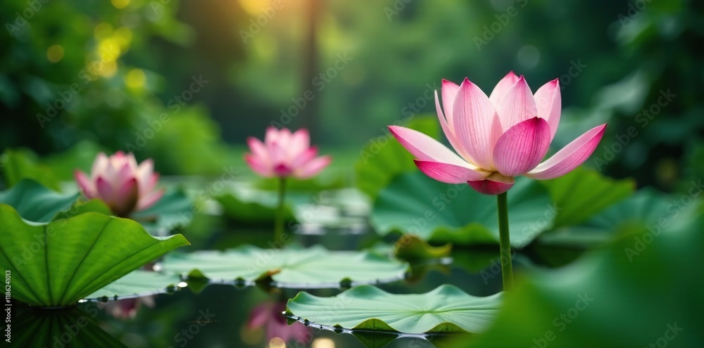 Pink and white lotus flowers bloom in a lush green pond amidst tropical foliage, peaceful, lotus, pink Pink and white lotus flowers bloom in a lush green pond amidst tropical foliage, peaceful, lotus, pink