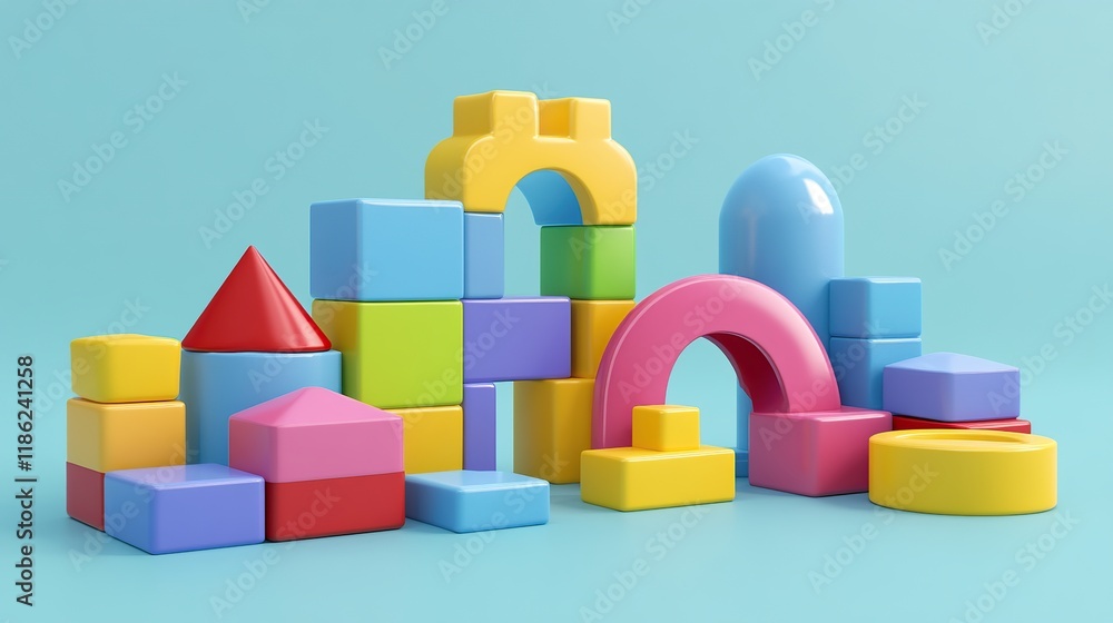 Obraz premium Colorful plastic blocks forming a playful cityscape on a light blue background.