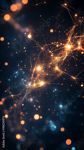 Bright glowing particles and connections create a cosmic web in a dark space ...