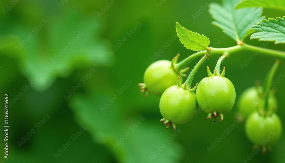 Fototapeta premium Green gooseberry stalks covered in tiny green berries on a stem, leafy greens, gardening, plant