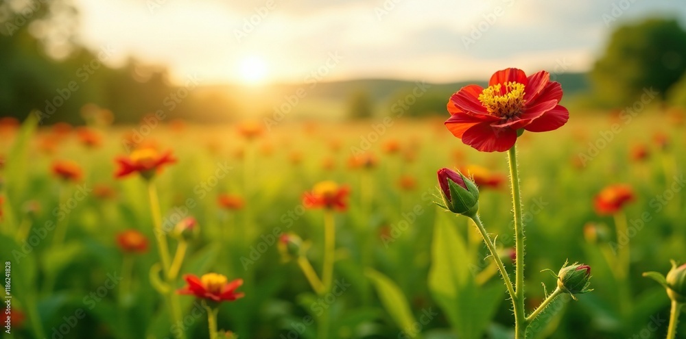 Potentilla reptans plant in a field with sunlight, fields, nature Potentilla reptans plant in a field with sunlight, fields, nature