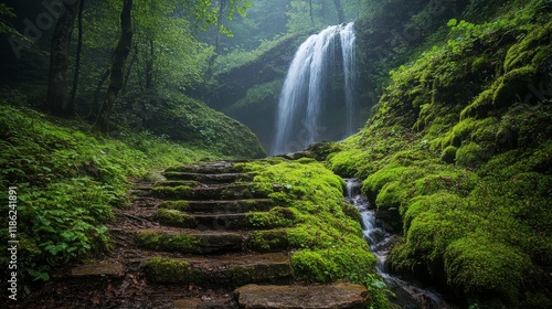 Scenic pathway leading to a majestic waterfall in a lush green forest setting