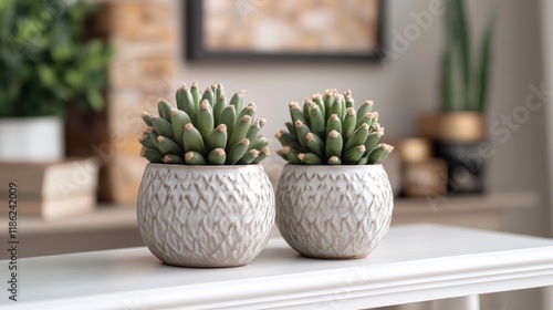Beautifully arranged succulent plants in decorative pots on a stylish table i...