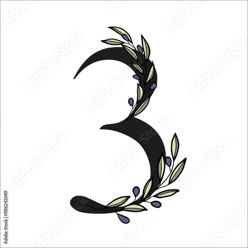 Olive branch alphabet number for decor of card or wedding invite. Vector hand drawn illustration for design