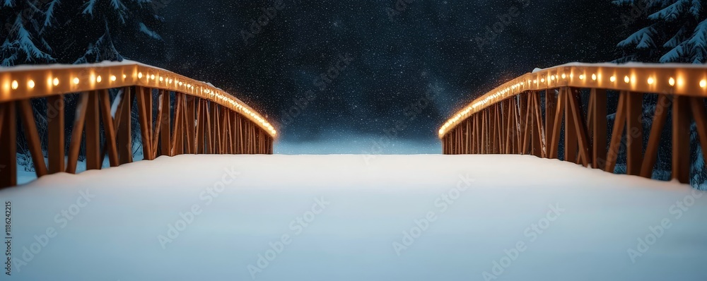 Fototapeta premium A snow-covered bridge adorned with warm lights, set against a dark, tranquil backdrop of winter, creating a serene and inviting atmosphere.