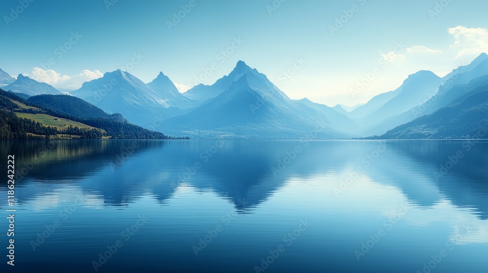 Calm lake reflecting mountains under a clear blue sky in the early morning light Calm lake reflecting mountains under a clear blue sky in the early morning light