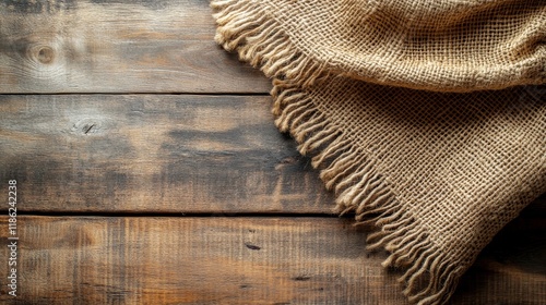 Cozy brown burlap fabric draped over rustic wooden table in a warm setting