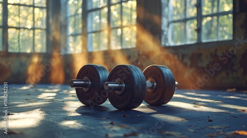 Dumbbells resting on the floor of a sunlit gym during the afternoon