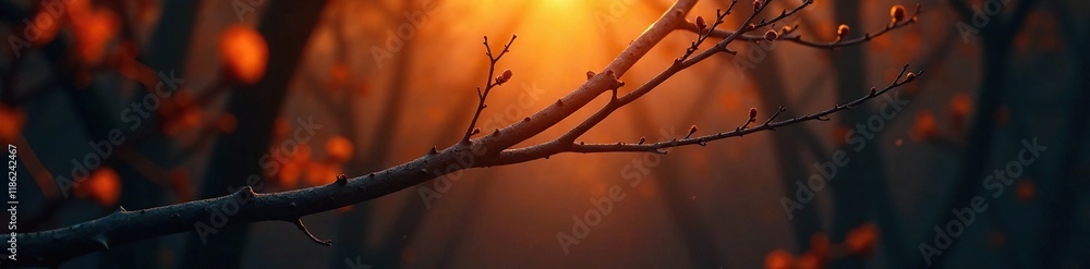 Obraz premium Abstract branch in a warm, golden light against a dark background, abstract shape, mysterious