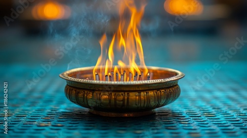 Incense burning in ornate bowl with smoke rising in a tranquil temple setting...