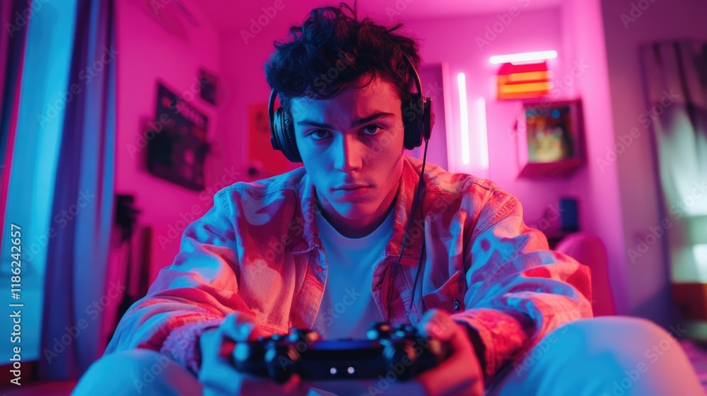 Young man immersed in gaming with wireless controller in neon-lit room, vibrant pink and blue tones, close-up perspective, ample empty space for text. Young man immersed in gaming with wireless controller in neon-lit room, vibrant pink and blue tones, close-up perspective, ample empty space for text.