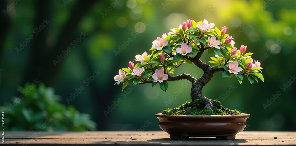 Bonsai tree with delicate flowers and leaves in a subtle lighting effect, foliage, bloom, tree Bonsai tree with delicate flowers and leaves in a subtle lighting effect, foliage, bloom, tree
