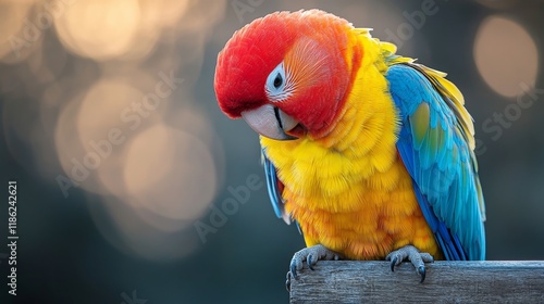 Colorful parrot perched on a wooden rail during a soft sunset glow in nature