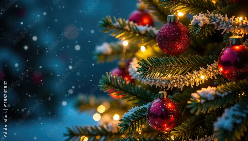Ornate Christmas tree with glittering ornaments and garlands, winter, Tree Ornate Christmas tree with glittering ornaments and garlands, winter, Tree