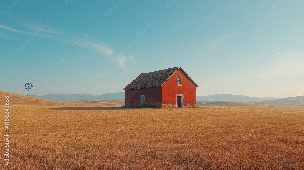 Mysterious old building surrounded by fog in a golden field during early morning hours Mysterious old building surrounded by fog in a golden field during early morning hours