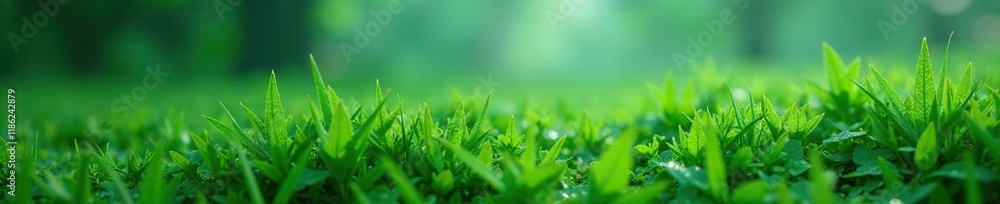 Dense foliage surrounds dew-kissed blades of grass, nature scenery, foggy environment, water droplets Dense foliage surrounds dew-kissed blades of grass, nature scenery, foggy environment, water droplets