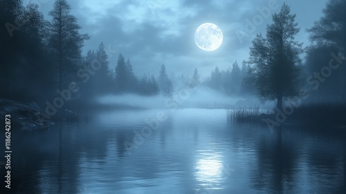 Moonlit calm over serene lake surrounded by misty pine trees at night