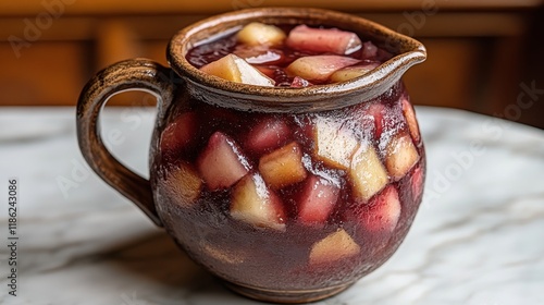 Refreshing pitcher of fruity drink with mint leaves on a rustic countertop in...