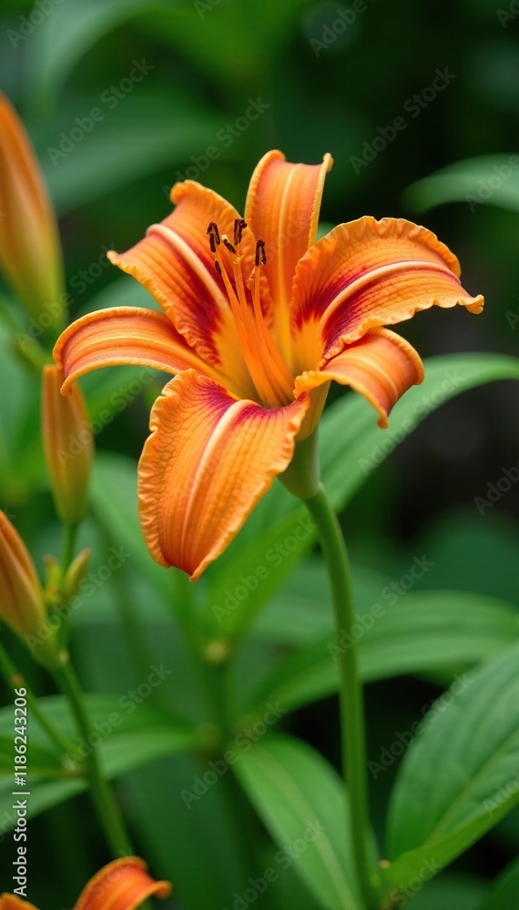 Orange canna lily in a garden amidst greenery, blossoms, landscape Orange canna lily in a garden amidst greenery, blossoms, landscape