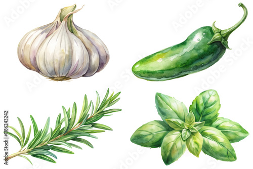 Fresh garlic bulb, vibrant jalapeno pepper, aromatic rosemary sprig, lush basil leaves, watercolor style.