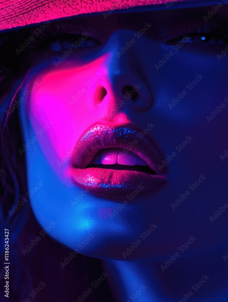 Glamorous beauty portrait of a woman in a hat with vibrant neon pink and blue lighting highlighting facial features and stylish makeup, close-up composition with ample negative space for text. Glamorous beauty portrait of a woman in a hat with vibrant neon pink and blue lighting highlighting facial features and stylish makeup, close-up composition with ample negative space for text.