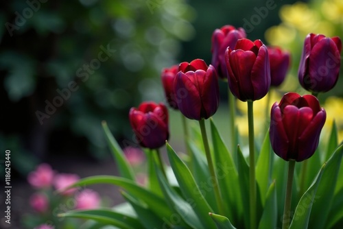 Dark chocolate brown tulips on charcoal background, garden, flowers, foliage