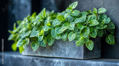 Green ivy plant cascading down a modern planter against a textured gray wall