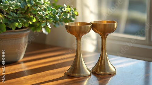 Elegant candle holders casting warm shadows in soft morning light on a wooden...