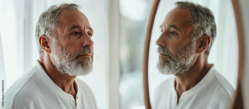Senior man reflecting in circular mirror at home with soft natural light, neutral colors, spacious layout, contemplation, and large empty space for text. Senior man reflecting in circular mirror at home with soft natural light, neutral colors, spacious layout, contemplation, and large empty space for text.