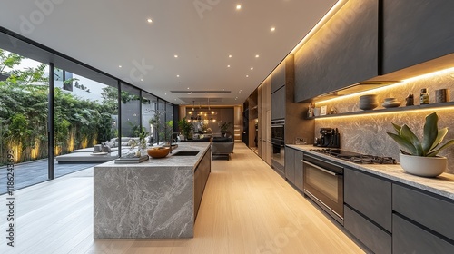 Modern kitchen interior with sleek design and spacious layout in bright natur...