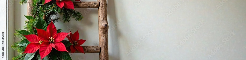 Simple wooden ladder with garland of greenery and bright red poinsettias draped over it, rustic decor, wooden ladder Simple wooden ladder with garland of greenery and bright red poinsettias draped over it, rustic decor, wooden ladder