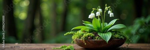 Lily of valley flowers nestled among ferns and moss in a shallow wooden planter, vase, lily photo