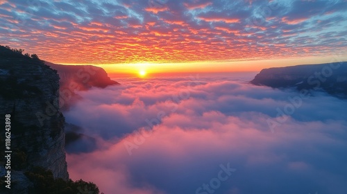 Sunrise over the horizon with colorful clouds and fog blanketing the valleys