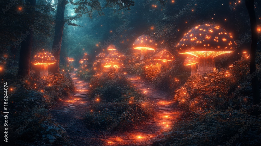 Fototapeta premium Enchanted forest path illuminated by glowing mushrooms during twilight