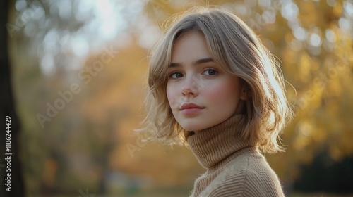 Portrait of a young woman with soft waves in a cozy turtleneck sweater, set against a blurred autumn park background with golden leaves and natural light, ideal for text overlay. photo